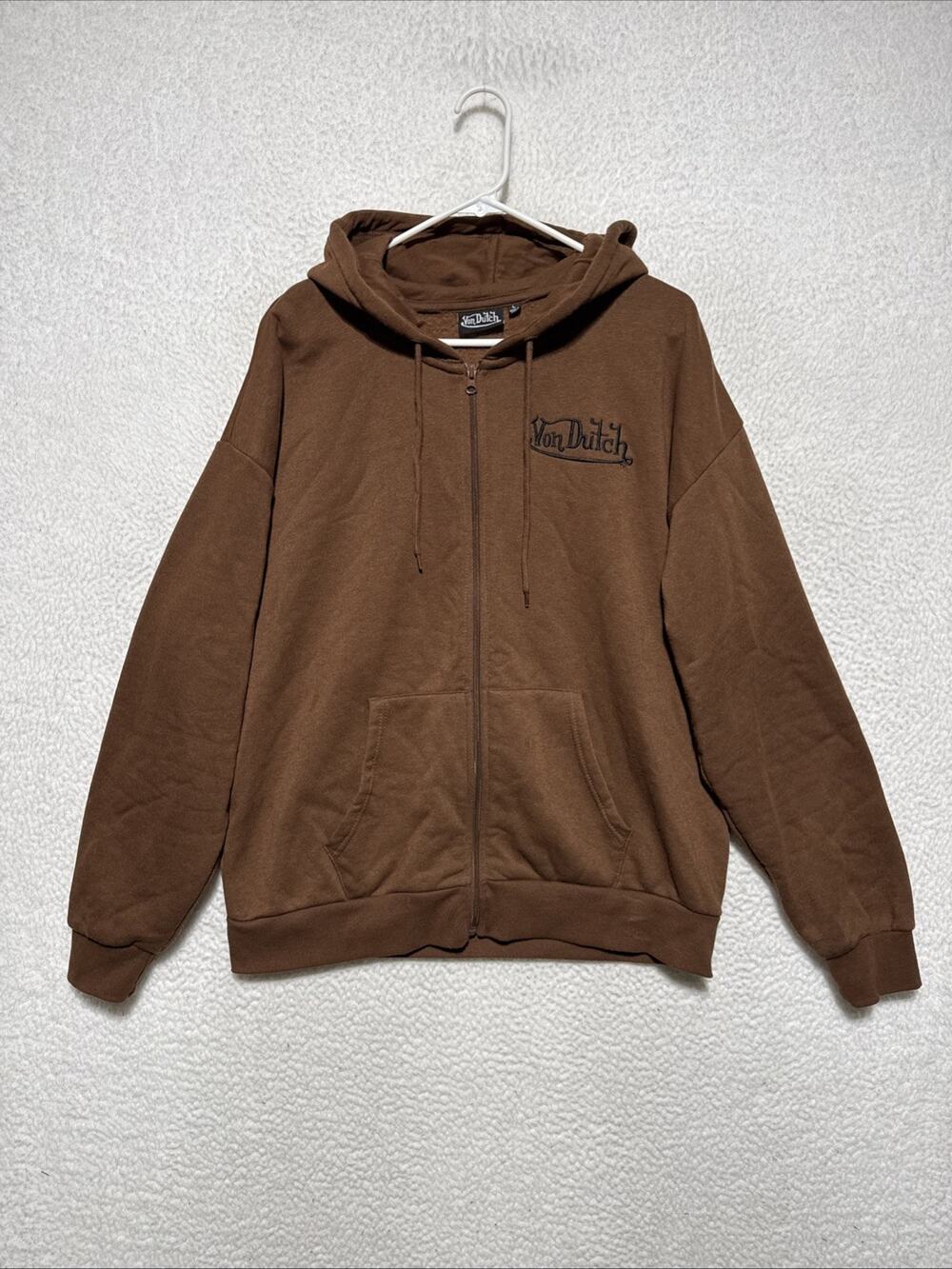 Von Dutch Brown Zip Up Hoodie L Embroidered Logo Sweatshirt Y2K Streetwear